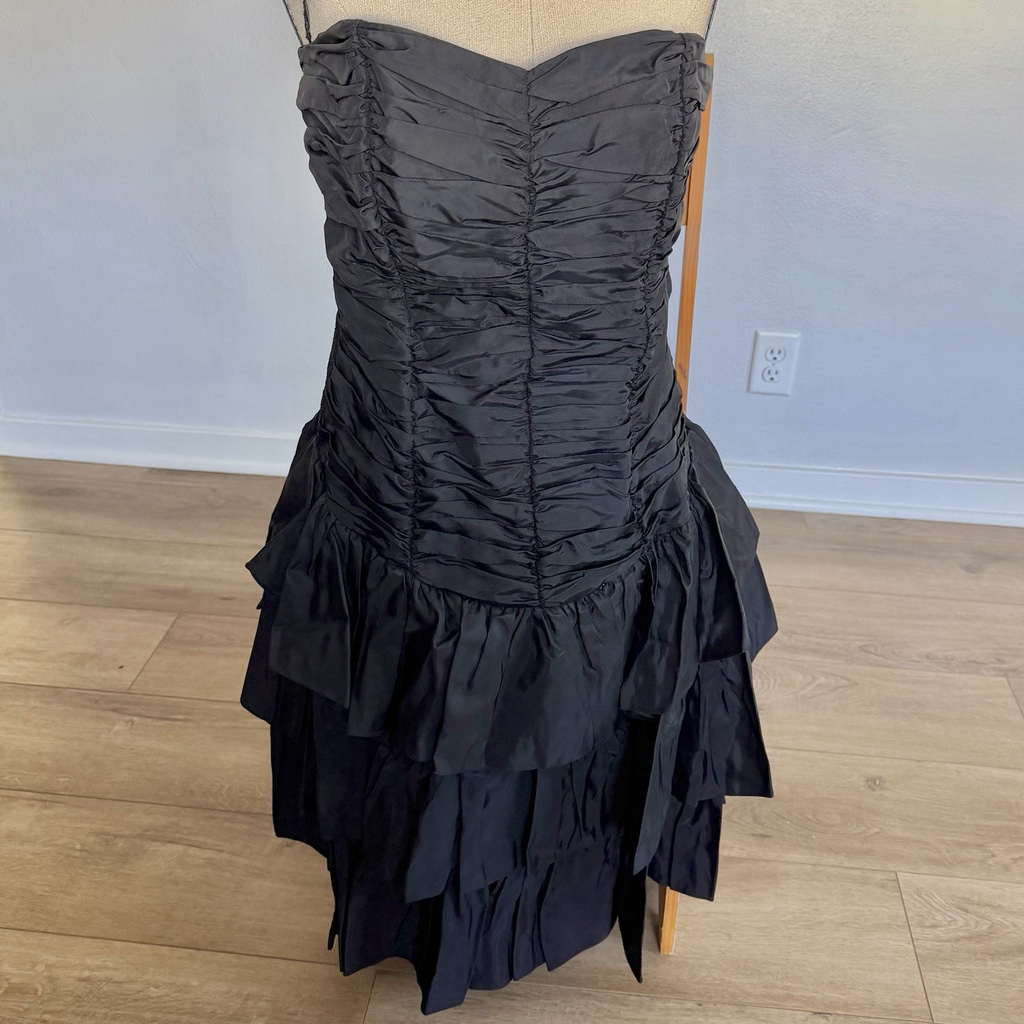 Vintage Ruched Party Dress Size 12 Black Satin Layered Ruffle Prom Usa Made 90s